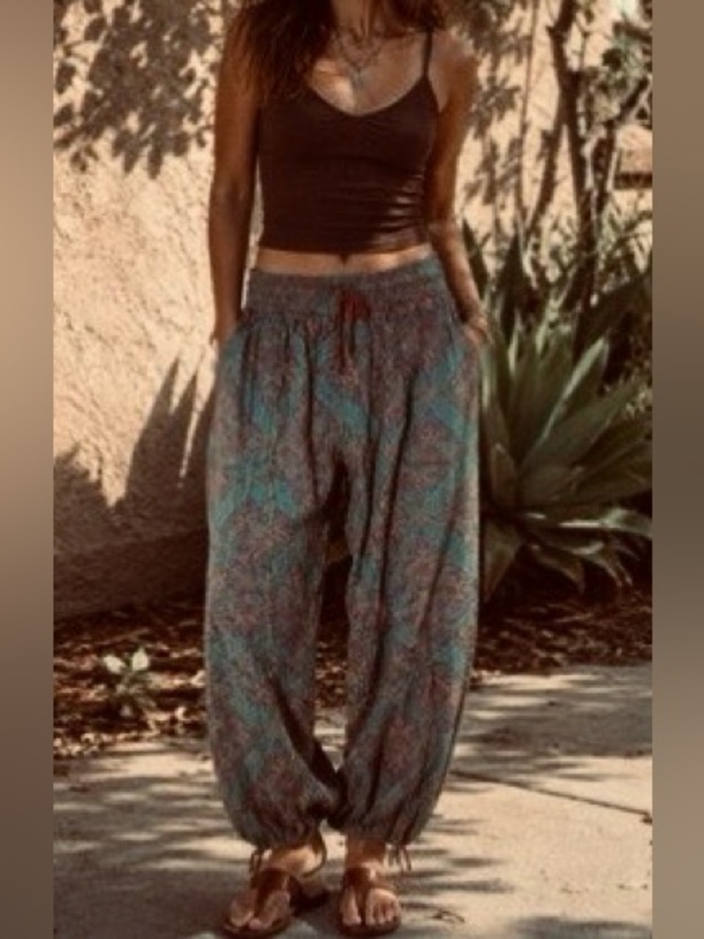 Blue Velvet Boho Comfy Hippie Bohemian Wide Leg Elastic Waist Casual Harem Pants